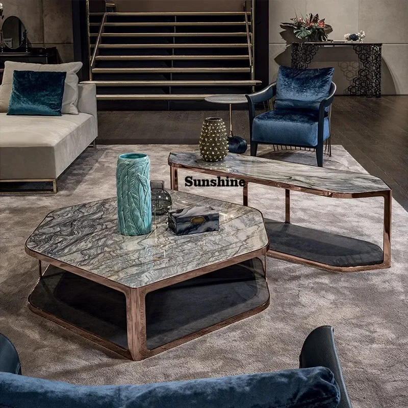 

Italian light luxury double-layer marble coffee table living room tempered glass tea tableTJ