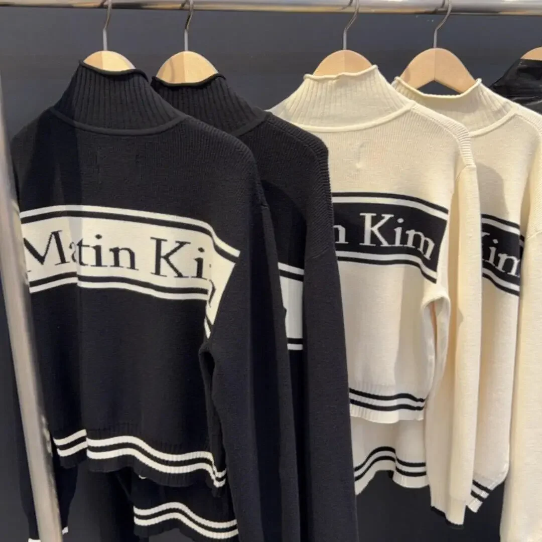 Matin Kim Logo Knit Zip Vest, Stripe Jacquard Stand Collar Unisex Couple Sleeveless Top