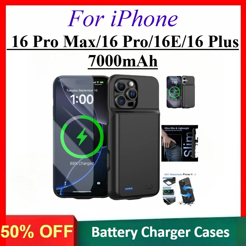 

7000mAh Smart Battery Charger Case for iPhone 16 Pro Max/16 Pro/16E/16 Plus Battery Pack Power Bank External Charging Cover