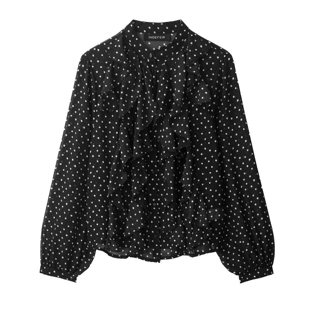

Stacked Decorative Polka Dot Shirt Round Collar Lantern Long Sleeve Single breasted Summer New Women's Fashion Shirt
