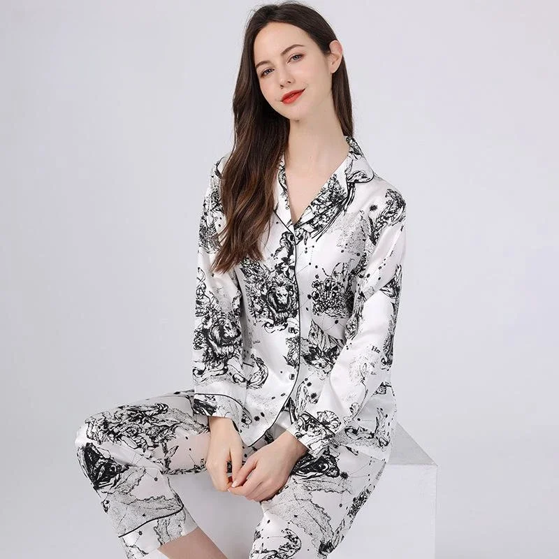 High Quality Pajamas Suit Women Spring Autumn Thin Mulberry Silk Long Sleeves Home Wear Female Large Size Sleepwear Set Girls