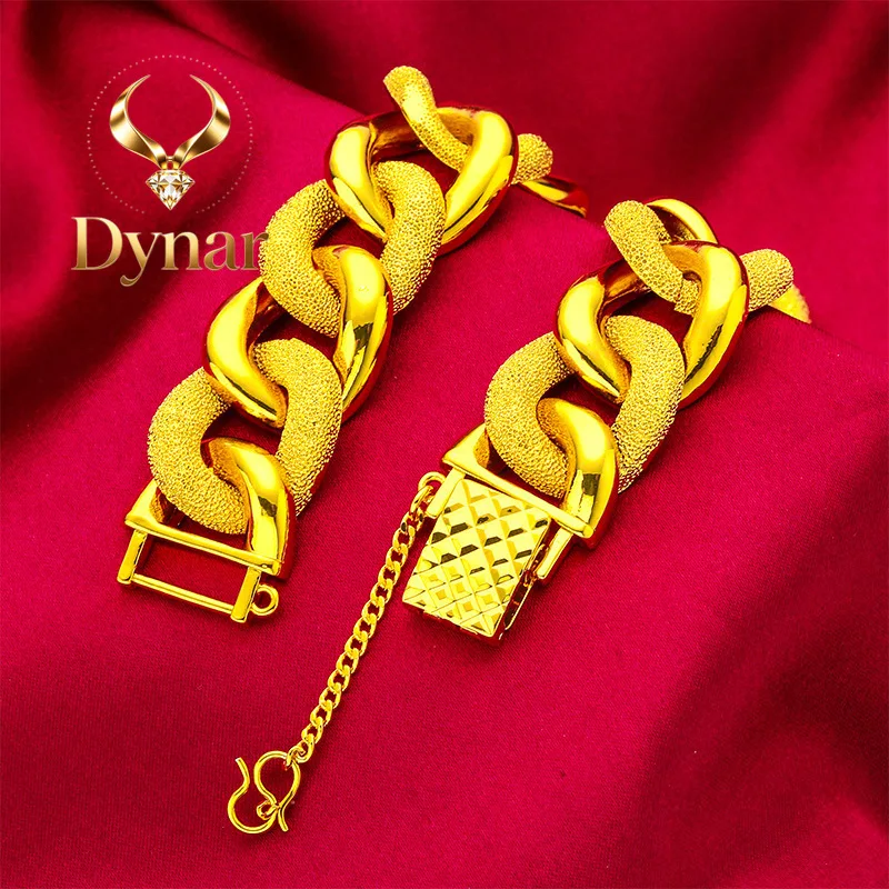 

Dynar Jewelry Wide Thick Bracelet for Men, 24K Gold, AU999 | Traditional chiseled wide gold chain with embossed totems, bold
