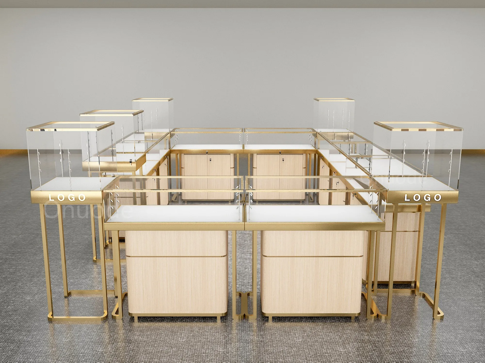 Custom.Modern Luxury Jewelry Display Showcase untuk Showroom Toko Ritel Pusat Perbelanjaan Lampu LED Kaca Tempered Logam MDF Perhiasan