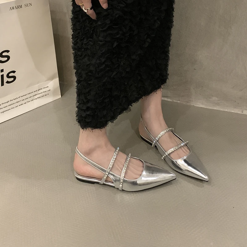 Flat Sandals Women 2023 Sliver Pointed Toe Summer Ladeis Shoes Fashion Temperament Rhinestones Slip on Women\'s Sandalias Mujer