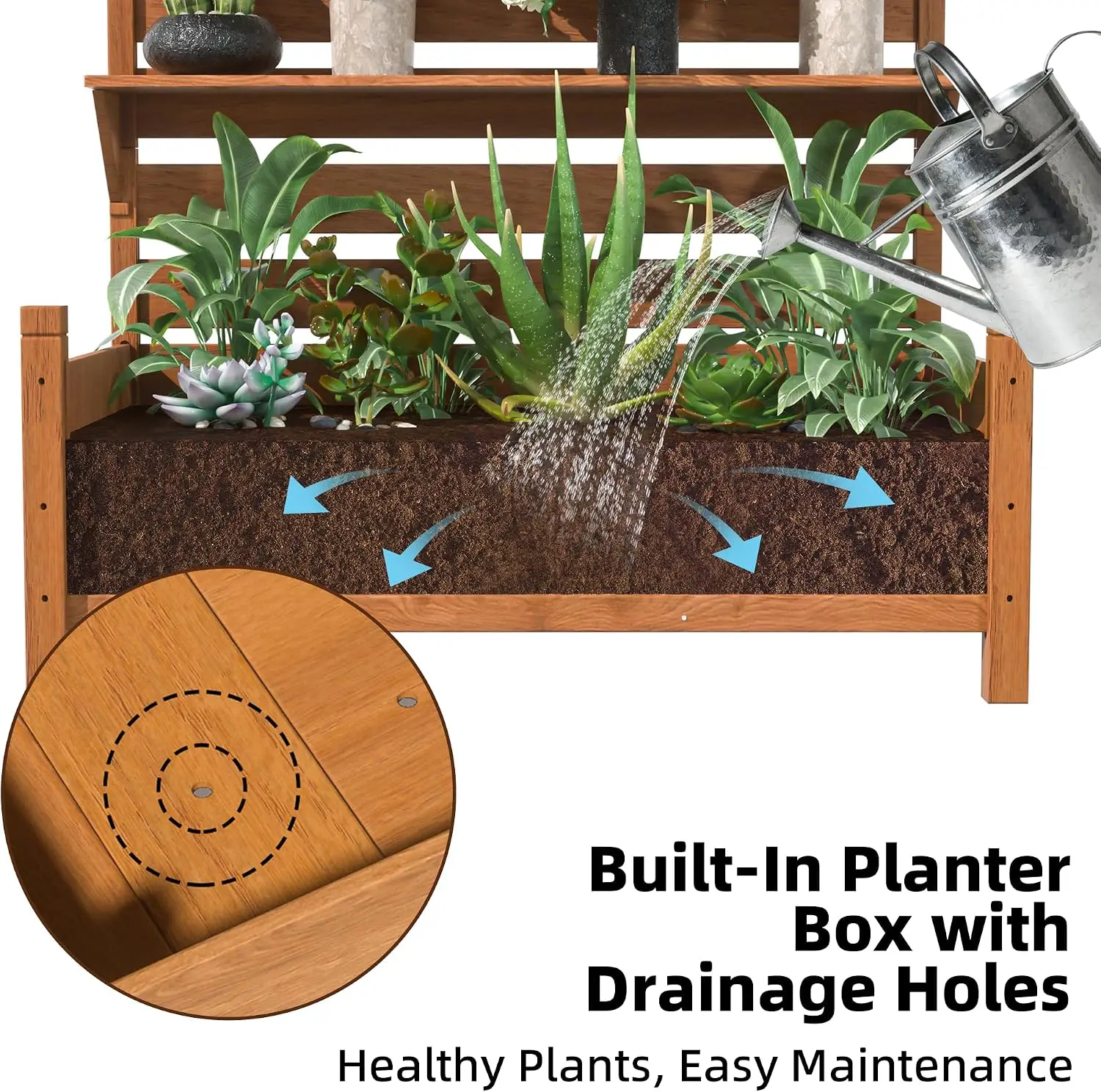 Outdoor Privacy Screen with Planter, 72.8" H x 26" W x 41.3" D, Solid Wood Freestanding Patio Privacy Divider with 2-Tier Shelf, Light Brown - view 4