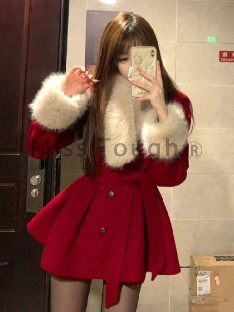 Christmas Red Elegant Y2k Two Piece Set Women Patchwork Vintage Y2k Warm Shorts Set Female Korean Casual New Year Clothes 2024