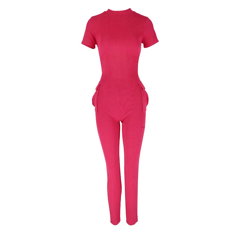 New Women\'s Jumpsuits Sexy Sweet Pink Hollow Out Jumpsuit Streetwear Fashion Pockets Short Sleeve Lady Elegant Rompers Clothing