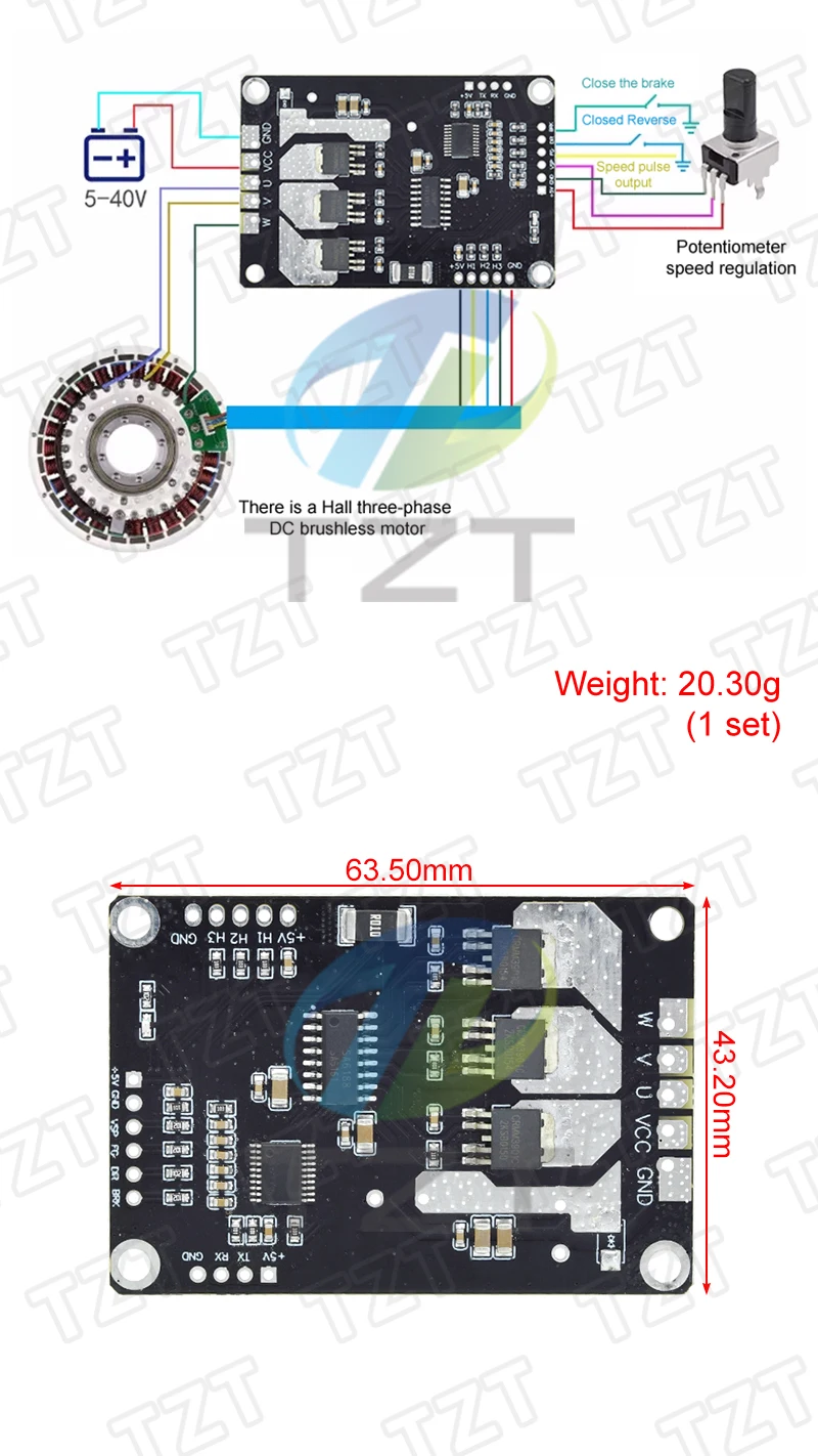 1/3 Stück BLDC-200W 5V-40V 25A Induktiver Bürstenloser Hall-Motor-Controller PWM Dreiphasen-Motorantriebsmodul – Detail 4