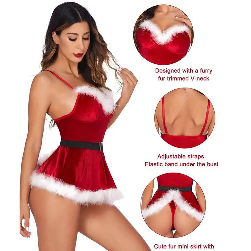 Vestido de Papá Noel para mujer, lencería Sexy, vestido de Navidad, ropa de dormir con cuello en V, amigable con la piel para Navidad