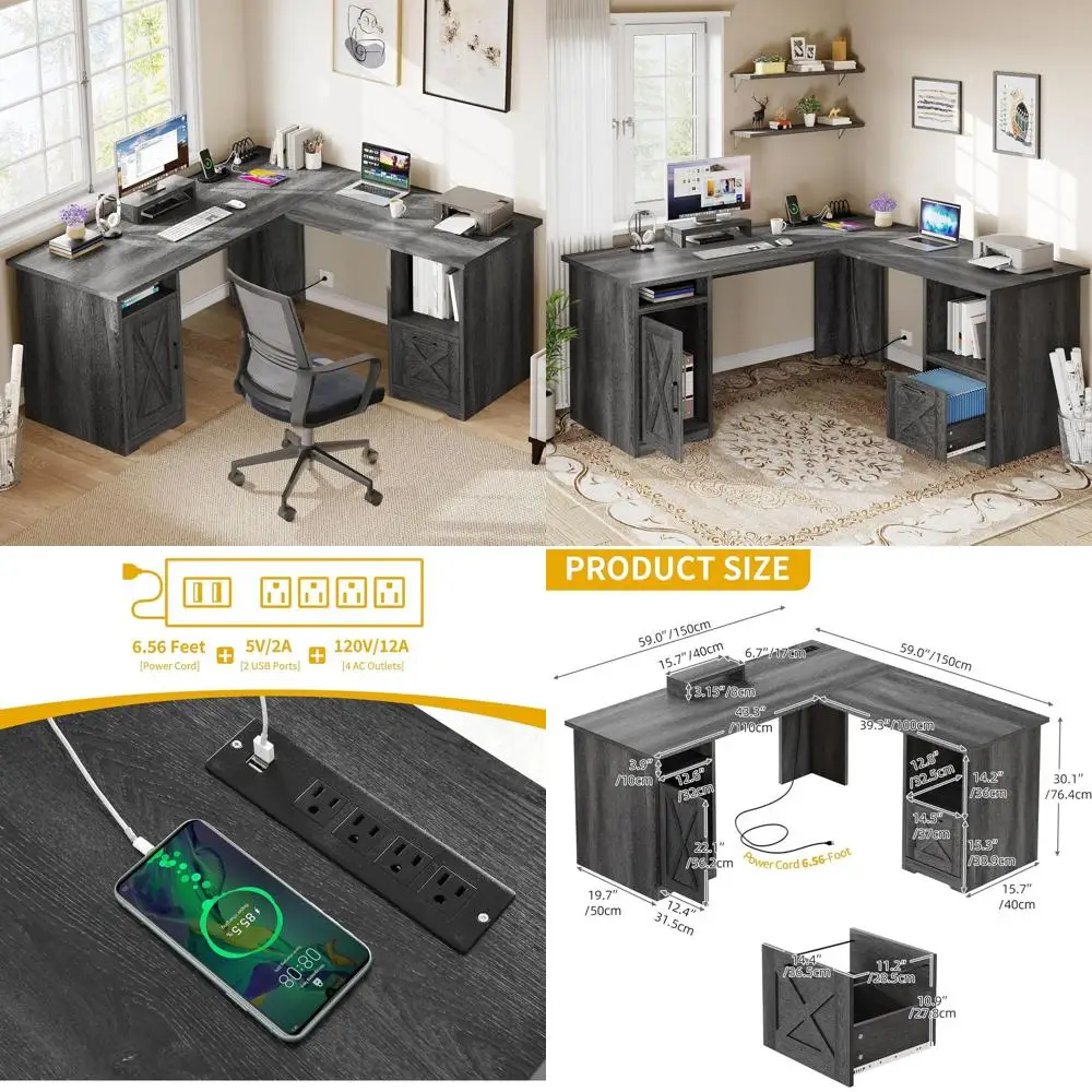 

Серый L-образный стол 60 дюймов с розетками, подставкой для монитора, полками для хранения и тумбой для документов для домашнего офиса