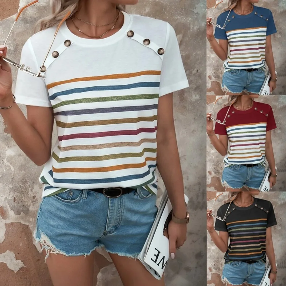 

Women's Rainbow Striped T Shirt Short Sleeve Crew Neck Tops Summer Tee