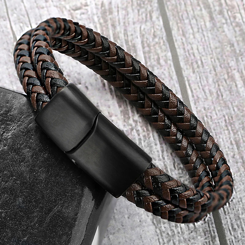 150pcs Men Stainless Steel Leather Bracelets Vintage Double Layer Braided Leather Bracelet Punk Charm Fashion Jewelry Wholesale