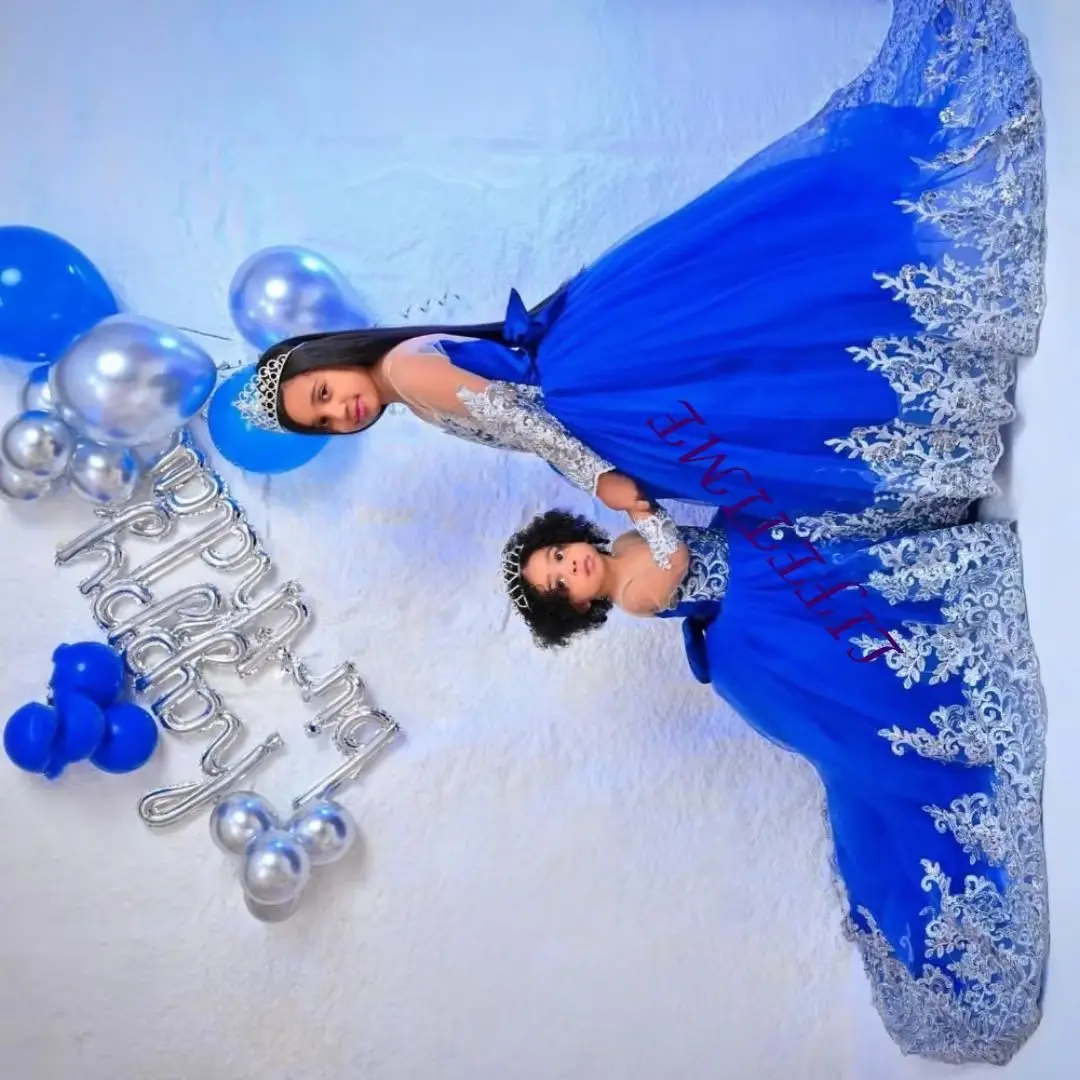

Customized Royal Blue Princess Flower Girl Dress for Wedding Lace Appliques Full Sleeve Baby Birthday Dress First Communion Gown