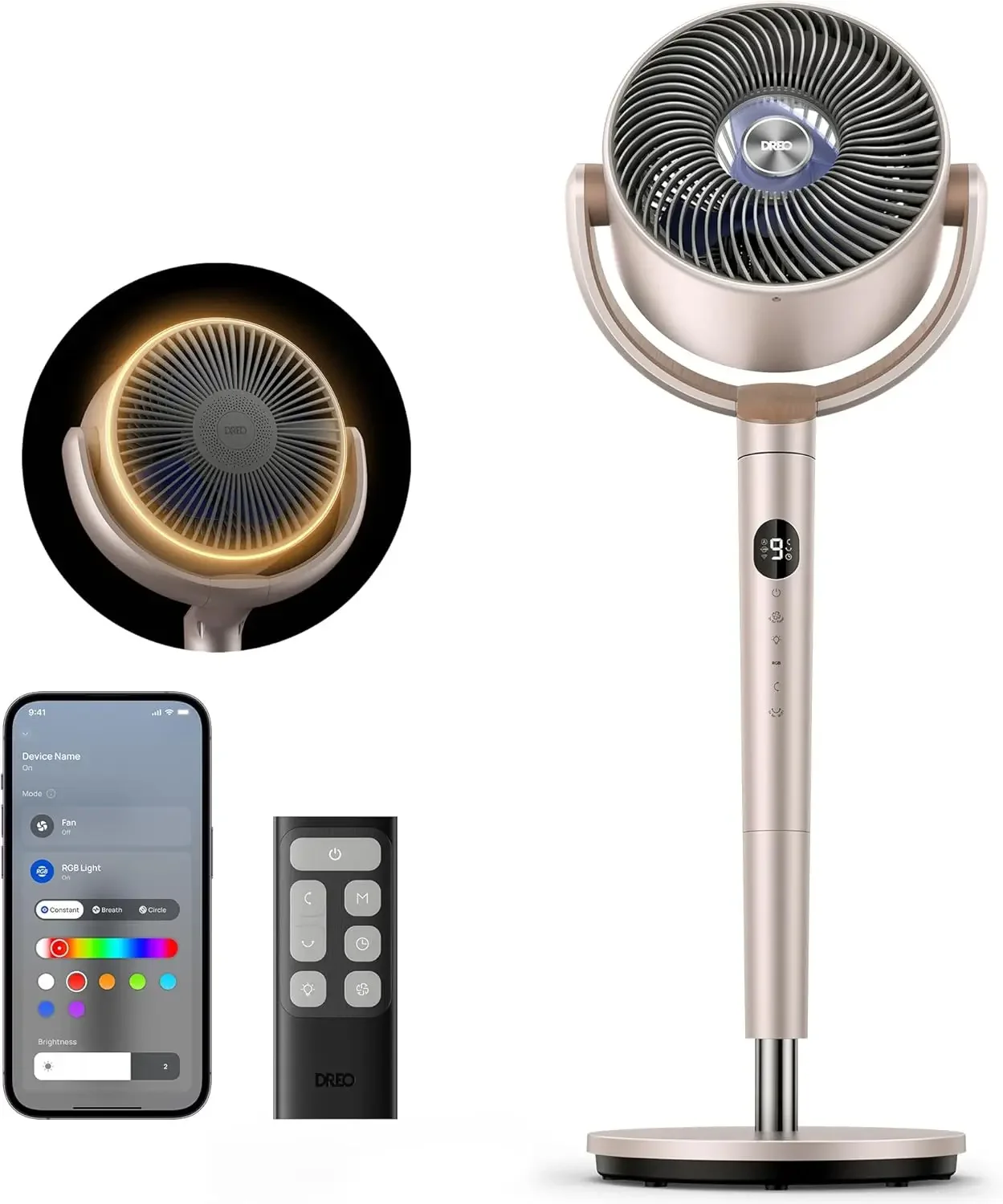 

Всенаправленный осциллирующий напольный вентилятор для спальни, бесшумный, на пьедестале, с RGB-подсветкой, 9 скоростей, 6 режимов, 20 дБ, таймер на 8 часов, Wi-Fi, голосовое управление, 37 функций