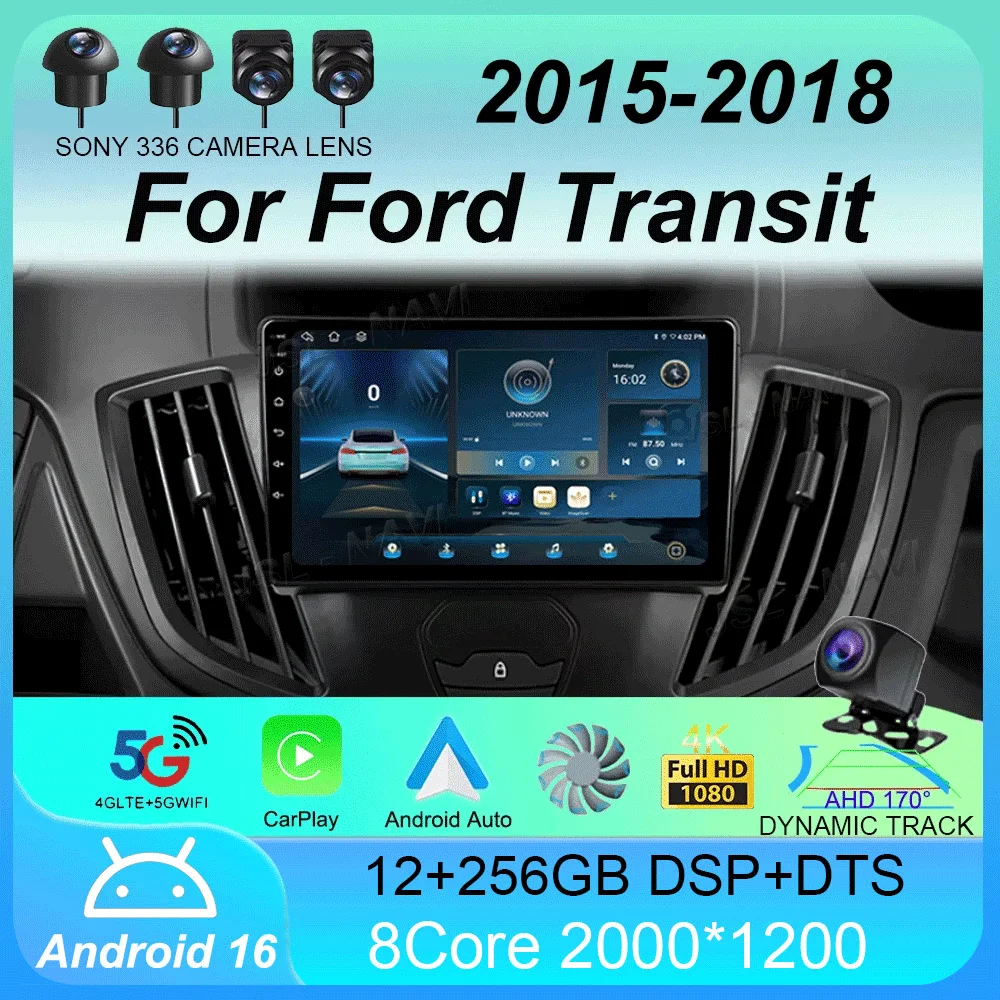 Android 16 Car Radio Carplay Auto For Ford Transit 2015 2016 2017 2018 Multimedia Video Player GPS Stereo 2din WIFI+4G Head Unit