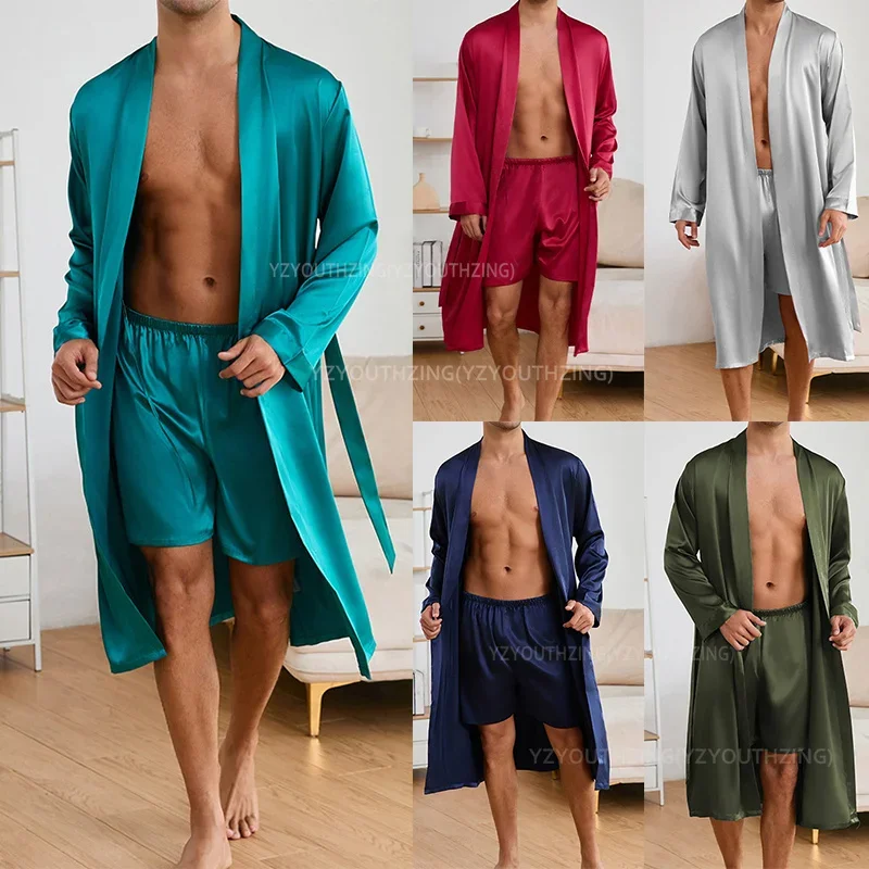 Man Nightwear Loose Japanese Mens Pyjama Set Men Silkly Satin Summer New Kimono Shorts Pajamas Suit Solid Color Sleep Wear Set