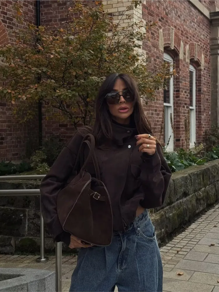 Autumn Women Faux Suede Jacket with Zipper Simple  High Collar Elegant Lady Warm Oversize Coats Chic Female Tops