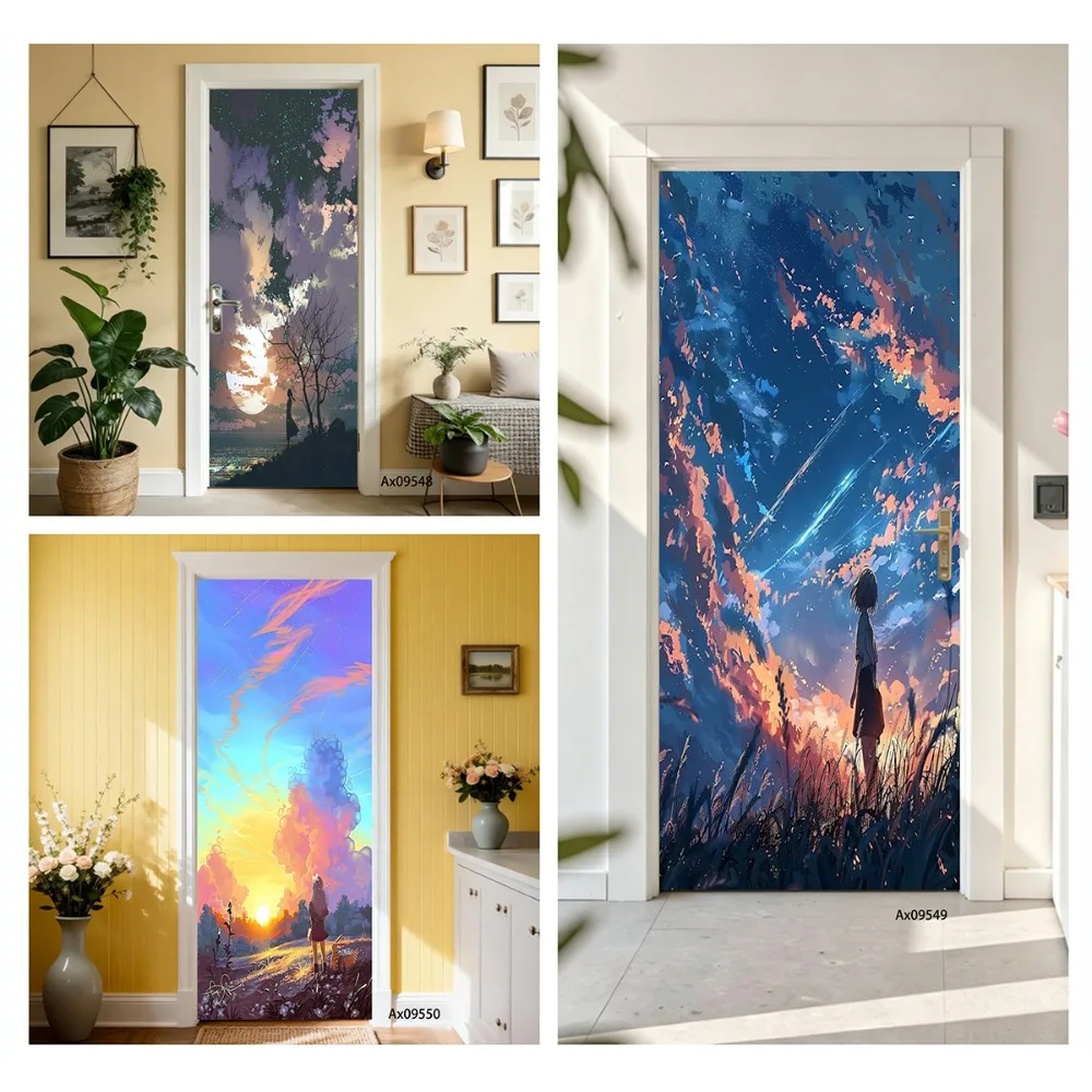 Anime Sunset Starry Sky Landscape Doors Cover, Dreamy Cloud Scenery Anime Style Door Sticker Cabinets Wardrobe Aesthetics Decor