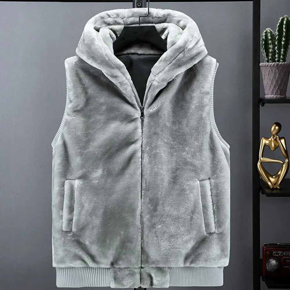 

Men Sleeveless Jacket Men Winter Coat Cozy Men's Winter Vest Plush Faux Fur Hooded Sleeveless Waistcoat with Zipper Closure