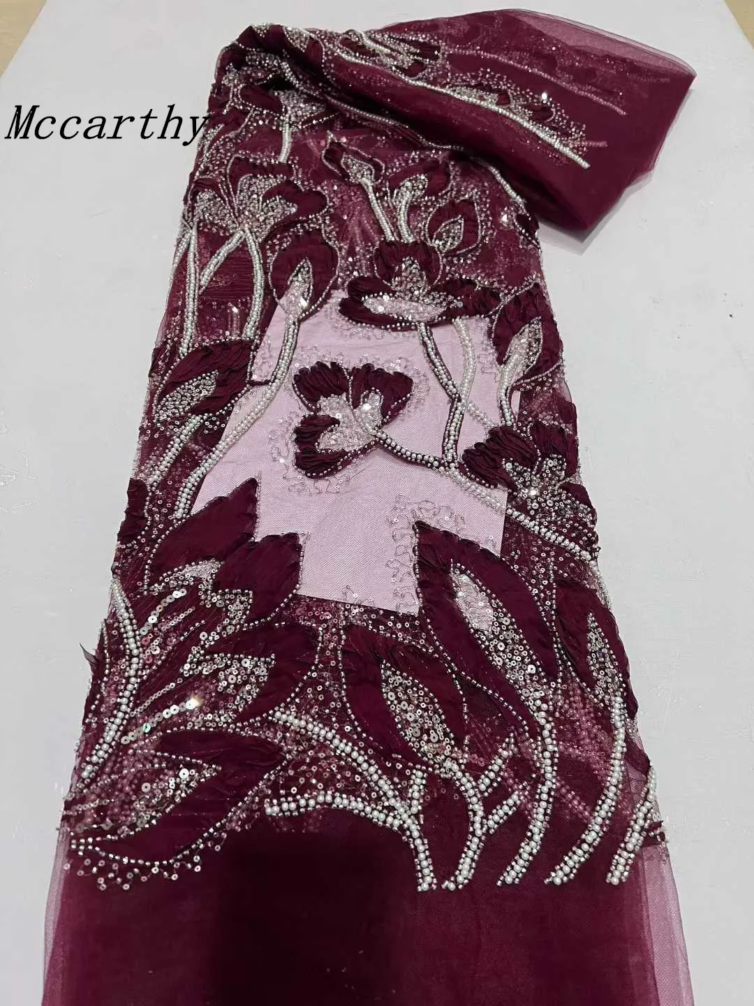 

Mccarthy 2026, роскошная кружевная ткань с вышивкой вина, расшитая бисером, африканская нигерийская французская кружевная ткань с блестками для шитья свадебных платьев