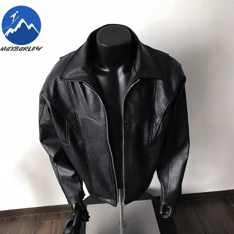 Maxbarley Leather Jacket Men Oversized Retro PU Faux Leather Short Jacket Autumn K-Pop Streetwear Zipper Moto Biker Coat Outwear