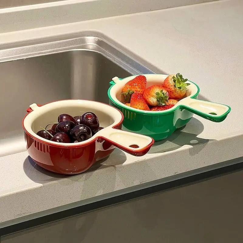 Compact and exquisite fruit dish draining basket apple handle double-layer kitchen utensil for washing vegetables and fruits