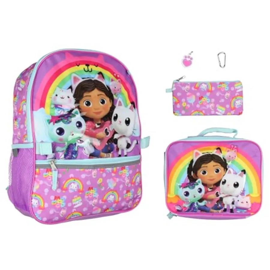 

Gabby's Dollhouse Backpack Gabby Cat Friends Raised Character Backpack Set Lunch Box Water Bottle 5 Piece For 16"