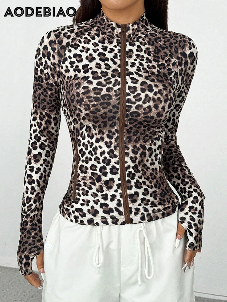 

AODEBIAO Leopard Print Hoodie Women Coat Autumn Long Sleeves Fashion Turtleneck Hoodie Casual Bodycon Hoodie Women Streetwear
