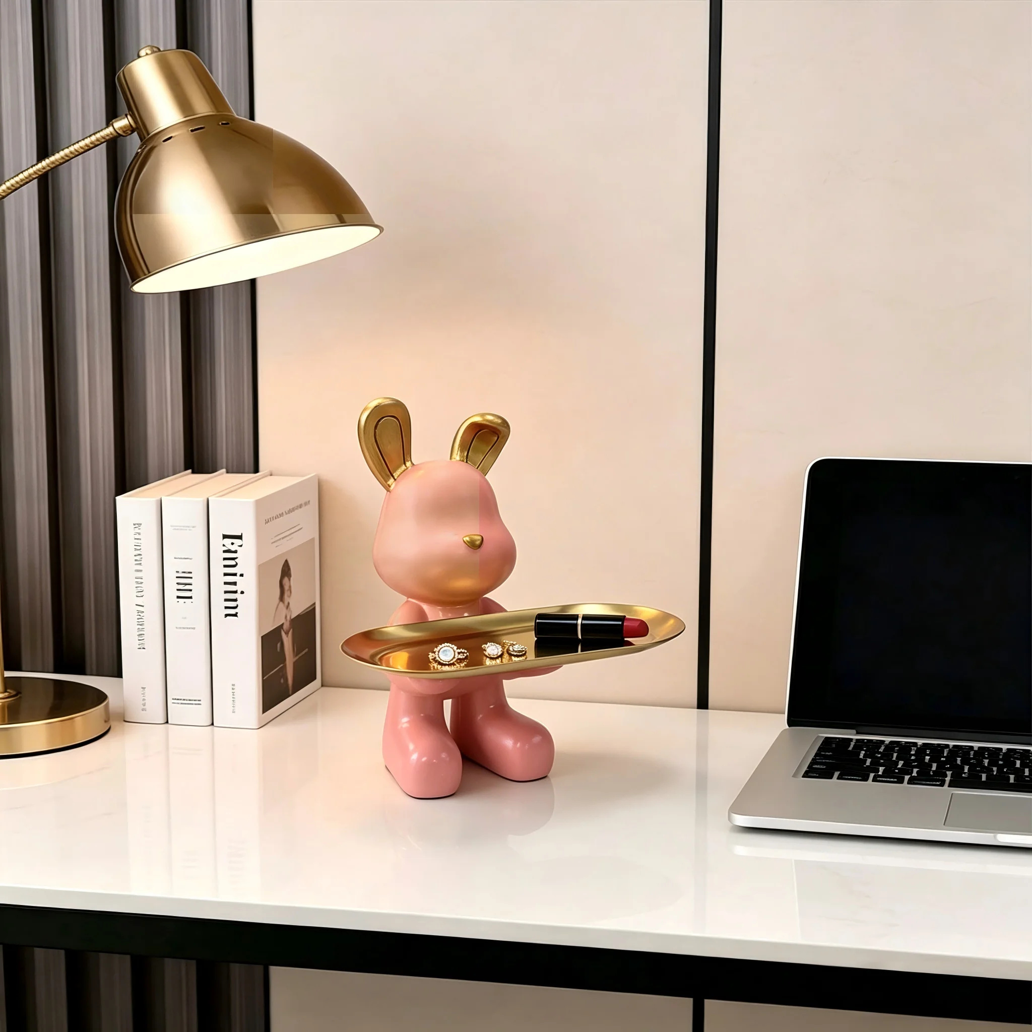 Charming Rabbit Figurine with Metal Tray, Resin Bunny Decorative Tray for Keys, Earrings, Rings, Cute Home Accent