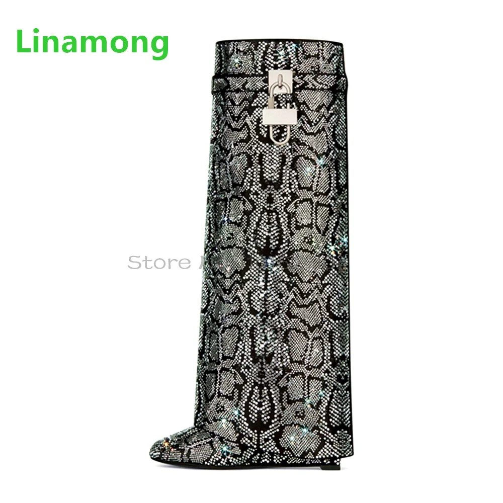 Crystal Metal Lock Long Shark Boots For Female Women 2025 New Wedge Heel Fashion Luxury Blingbling Design Winter Elegant Shoes