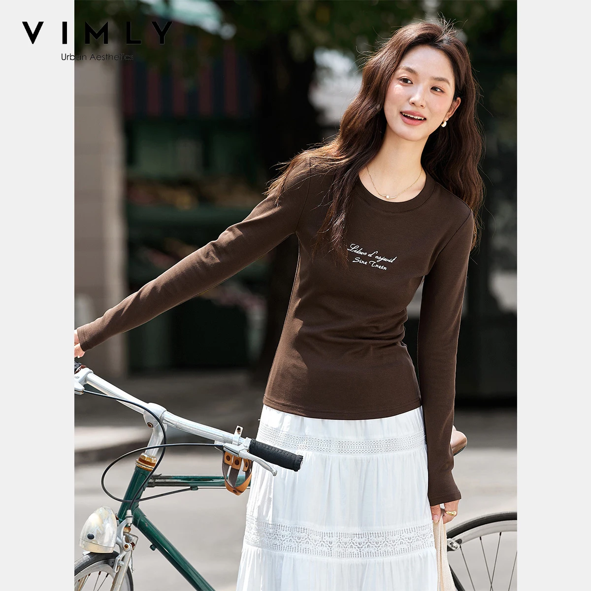 VIMLY Cotton Woman Brown T-shirts Letter Printing O-neck Casual Ladies Tees 2025 Autumn Slim Ladies Long Sleeve Knit Tops A2060