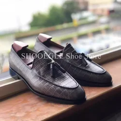 Tassel Loafer Men's Leather Shoes Cowhide Pressed Alligator Leather Breathable British Style Wedding Handmade Men's Shoes