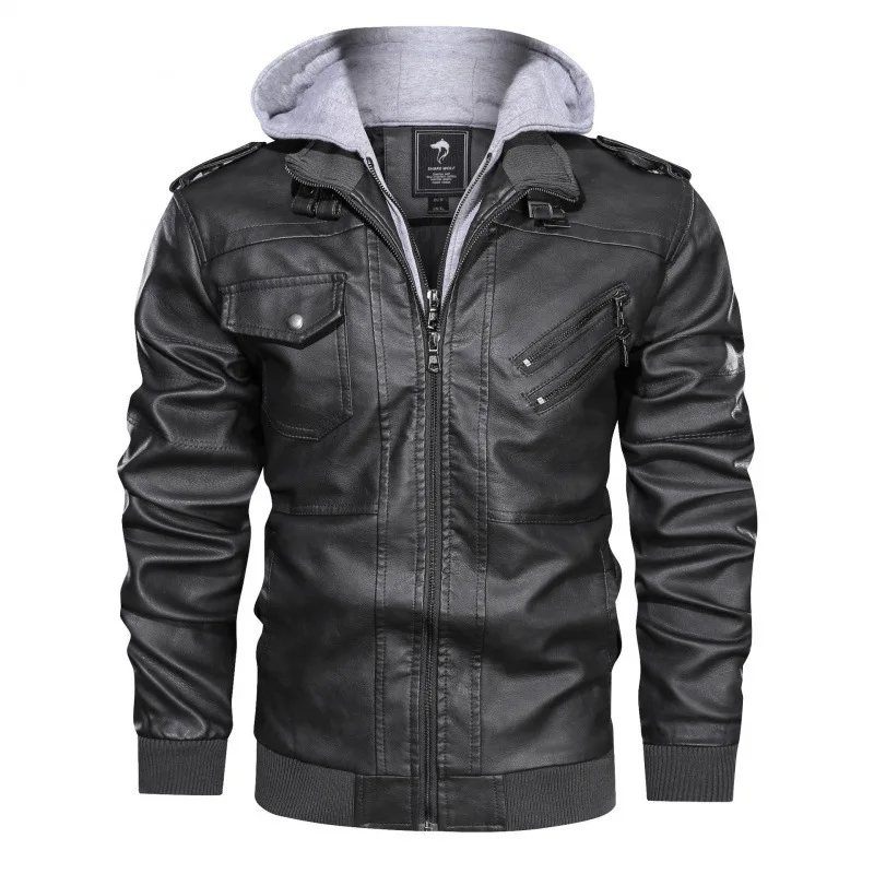 Fake Two Piece Leather Jacket Men's Double Zipper Hooded Bike Leather Jacket Removable With Hat Jacket