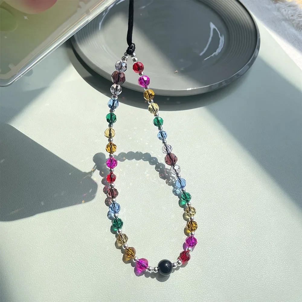 Rainbow Color Crystal Phone Charm Strap Transparent Colorful Glass Acrylic Beaded Cell Phone Chain Trendy Airpods Camera Lanyard