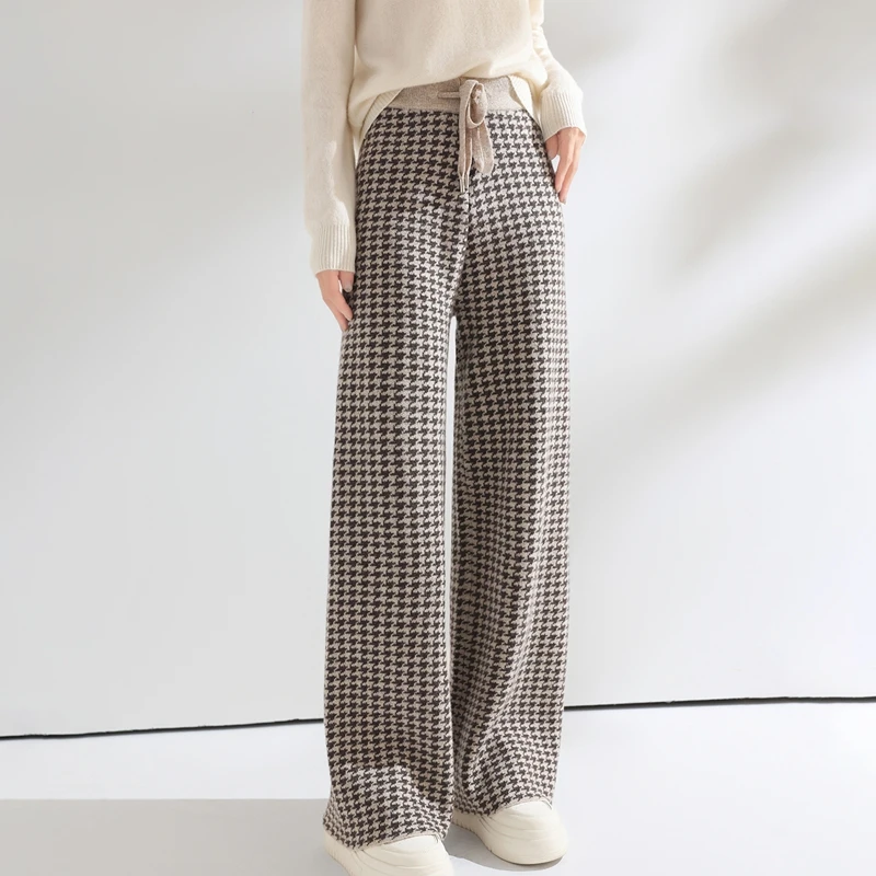 النساء الصوف بنطال ذو قصة أرجل واسعة مرونة الخصر نمط houndstooth بنطلون الخريف الشتاء 100% ميرينو الصوف بنطلون متماسكة لينة الدافئة بانت