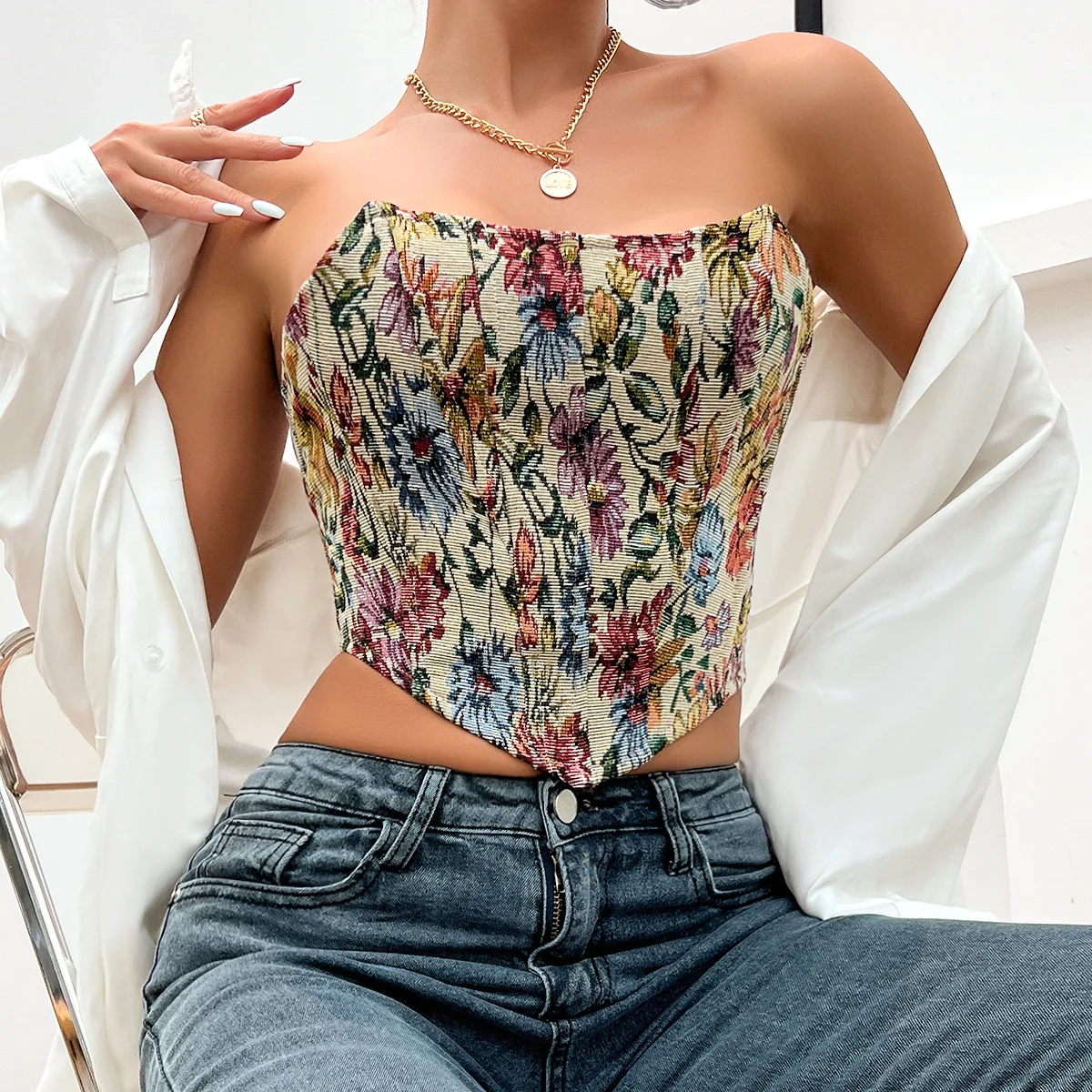 Vintage Print Halter Corset Tops Women\'s French Palace Floral Sleeveless Crop Top Back Strap Retro Shaper Bustier Tops Camisole