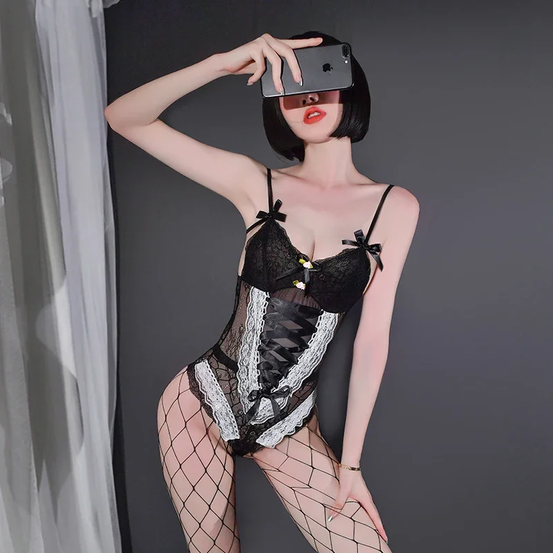 Lencería Sexy de encaje para mujer, traje de cuerpo sin entrepierna, vestido de sirvienta atado, disfraz SM femenino, picardías erótico, ropa interior porno de peluche