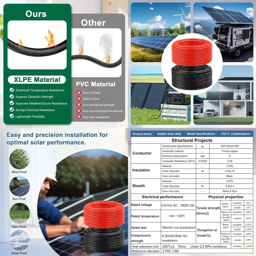 10 AWG 6mm² Tinned Copper Extension Cables, 150ft Black & Red, Suitable for Outdoor, Automotive, RV, Marine Use