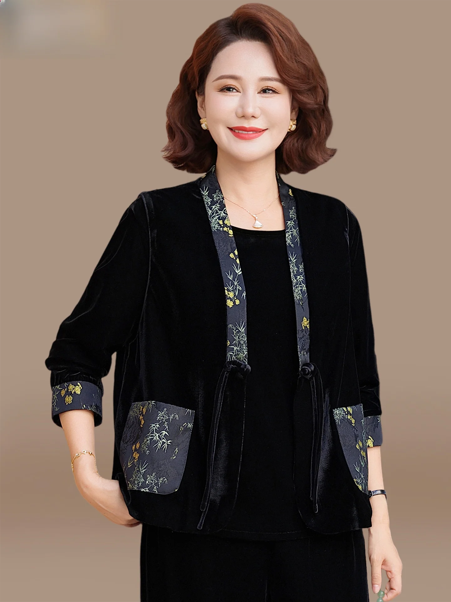 new-chinese-sle-spring-faion-set-gold-velvet-vest-middle-age-women's-bot-irt-top-v-ne-long-sve-plant-floral-pat