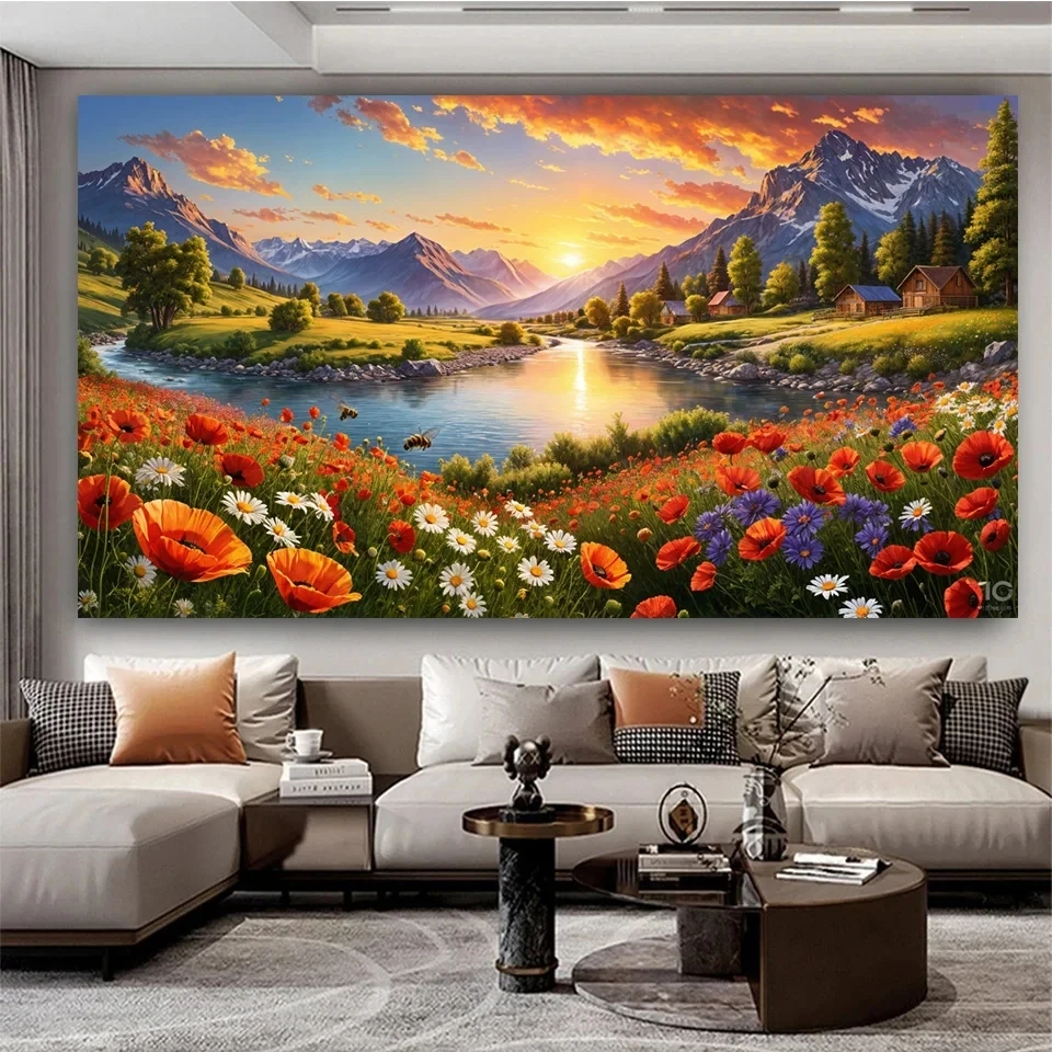 

Serene Sunset Over Красочные Цветочные Поле Алмазная Картина Полный Квадратный Круглый Алмазная Мозаика DIY Ювелирные Изделия Вышивка Крестом Домашний Декор