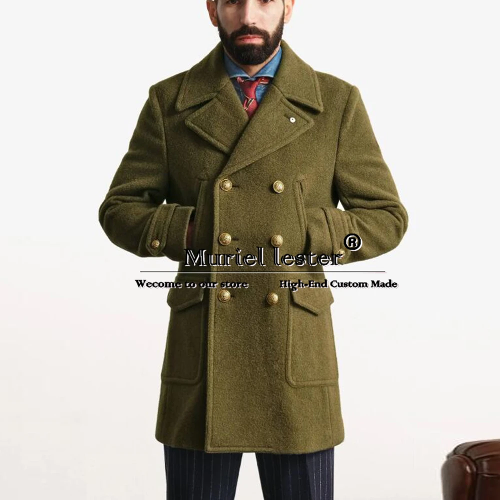 Business Green Men's Blazer Green Tweed Blend Trench Coat Long Man Formal Party Business Tuxeod Double Breasted Groom Overcoat