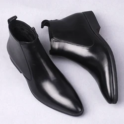 Genuine Leather Mens Ankle Boots Pointy Black Brown Formal Casual Dress Men's Shoes Boots Side Zipper Party Chelsea Boot M