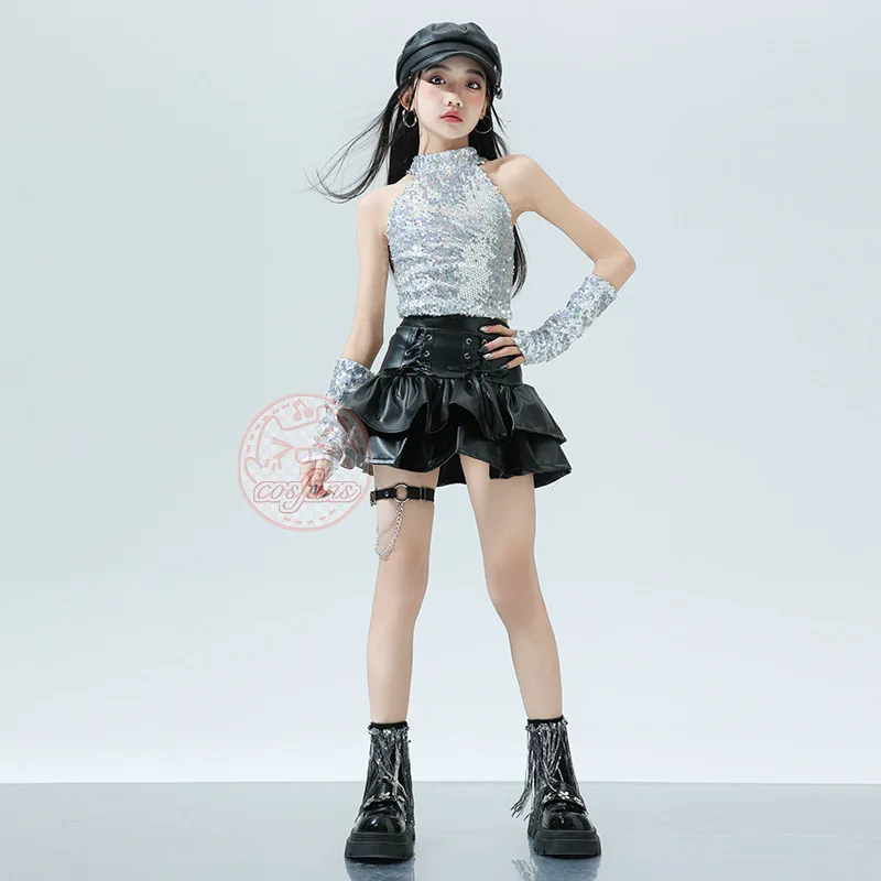Mädchen K-Pop Silber Jacke Leder Stufenrock Cargohose Kleidung Set Kinder Hip Hop Street Dance Kostüme Kind Teenager Streetwear