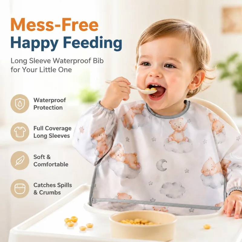 

Elinfant Waterproof Baby Feeding Bibs Long Sleeve Cartoon Animal Print Soft Burp Cloth Aprons for Infant Toddler