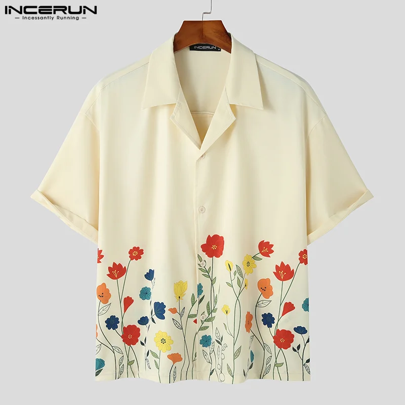 INCERUN-Camisa de manga corta con estampado de flores para hombre, ropa de calle holgada, estilo coreano, informal, S-5XL, 2023