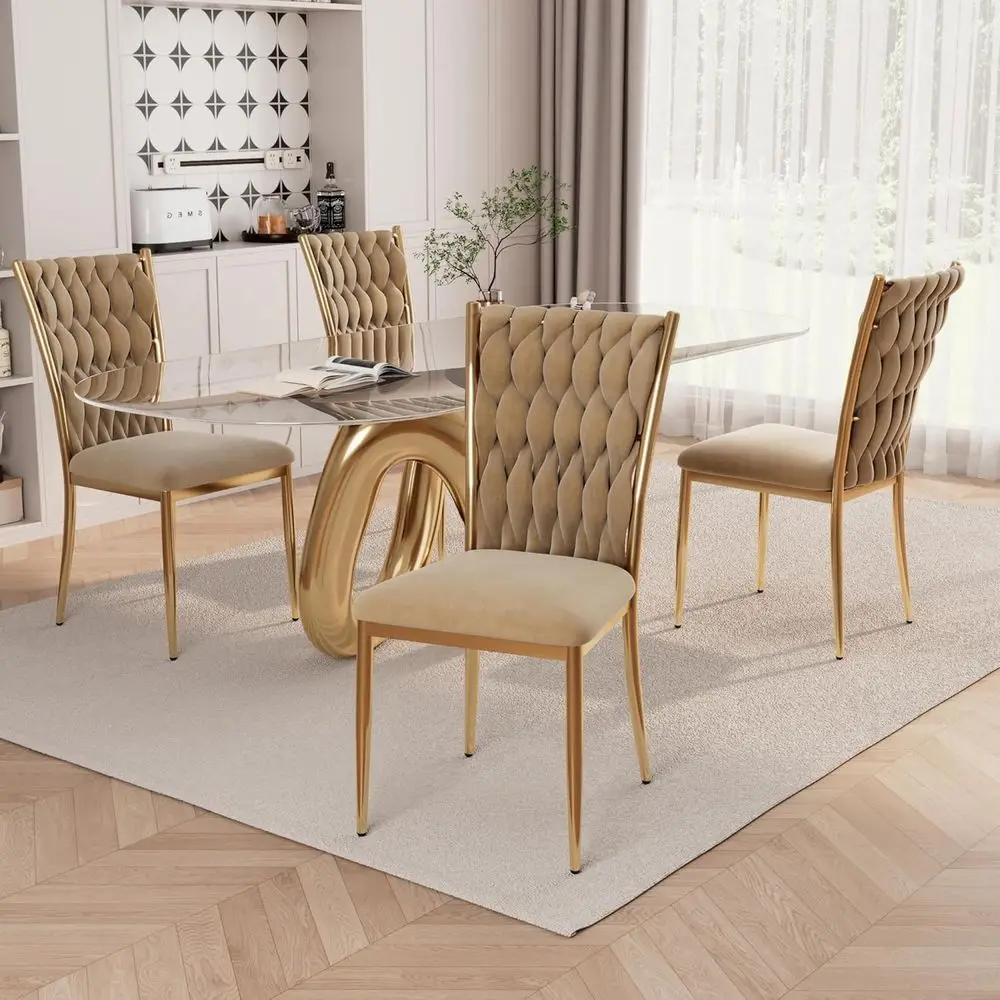 Set of 4 Velvet High-Back Dining Chairs with Gold Legs, Stain-Resistant, Ideal for Living and Dining Rooms - Brown