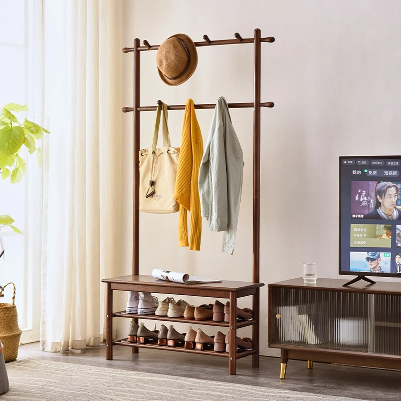 Bedroom floor-to-ceiling solid wood coat rack, change shoes at the door, new Chinese-style door-to-door seating shoes