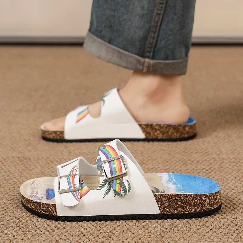 Men's Beach Shoes Ocean Print Cork Slide Sandals Unisex Double Adjustable Buckle Non Slip Summer Casual Slippers Indoor Outdoor