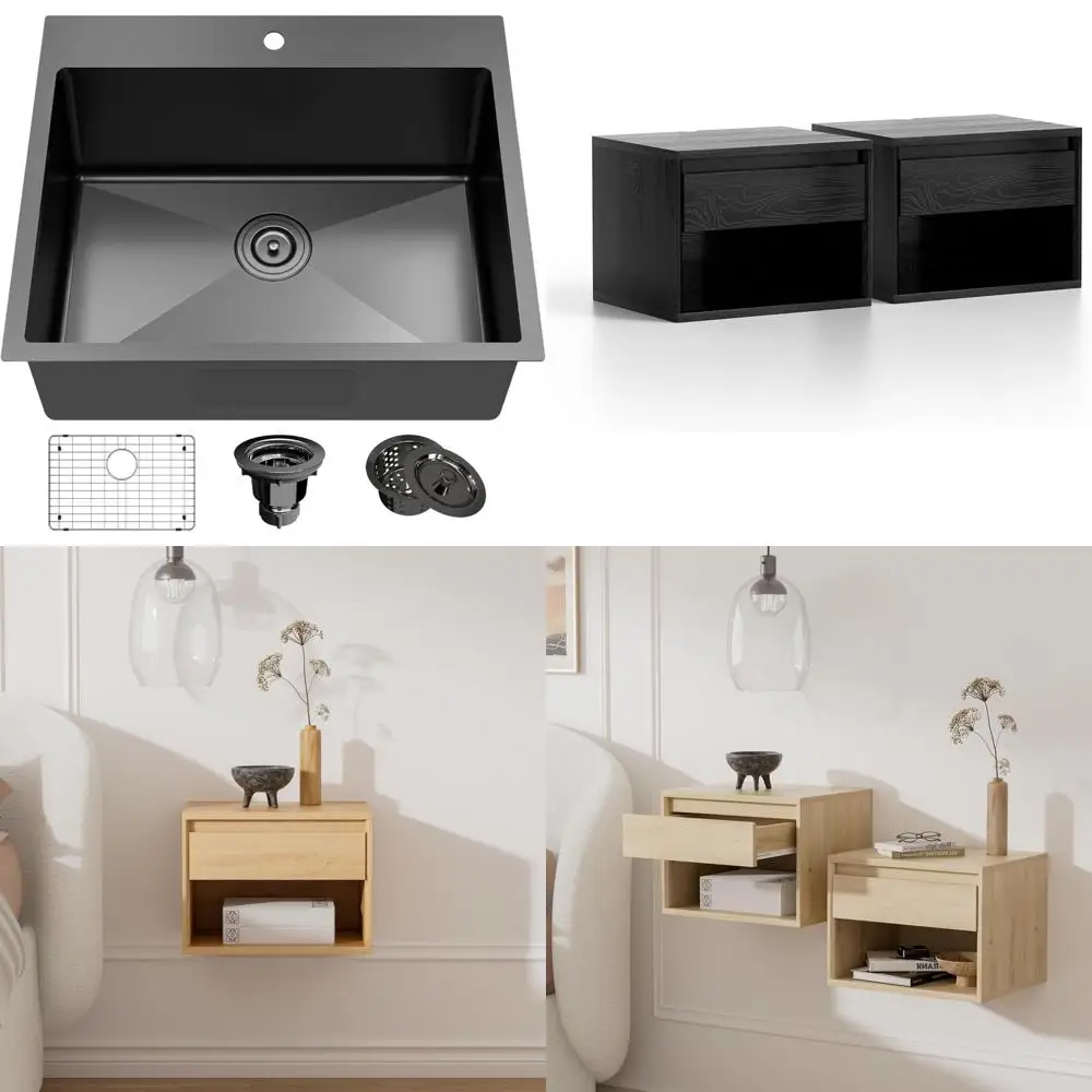 

Single Bowl Topmount Drop-In Kitchen Sink, 25x22 Inch, 18 Gauge Black Stainless Steel, Bottom Grid and Drain Strainer Included