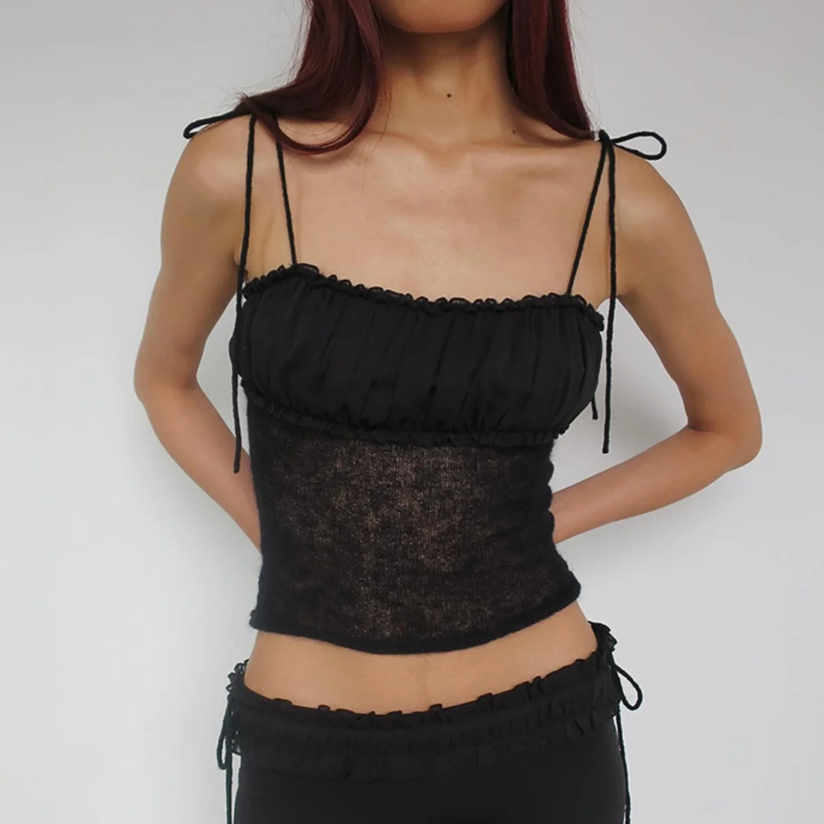 

Ruffled Spaghetti Strap Lace-up Crop Top Women Summer Casual Corset Tank Tops Fashion Sexy Camis Sleeveless Young Girl Slim Vest